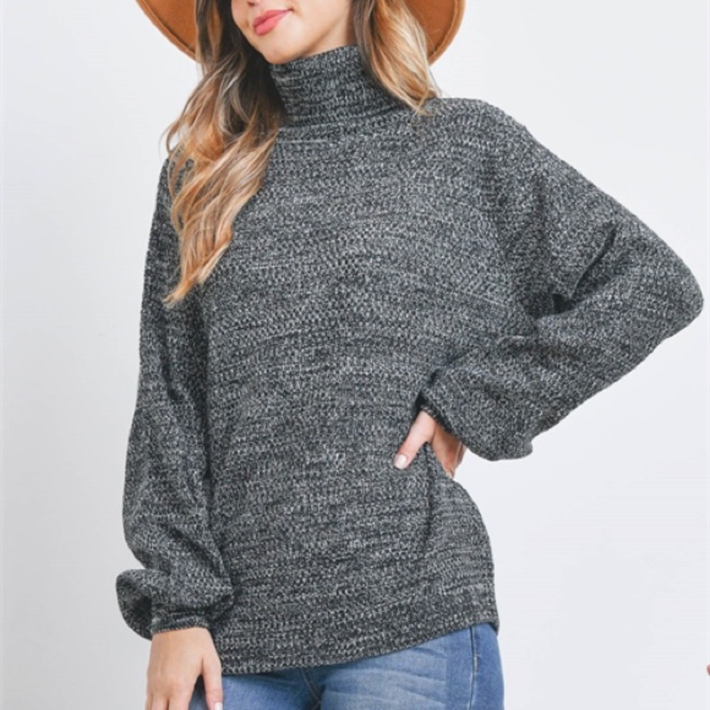 TURTLENECK MELANGE BALLOON SLEEVE SWEATER- BLACK - Picture 5 of 9
